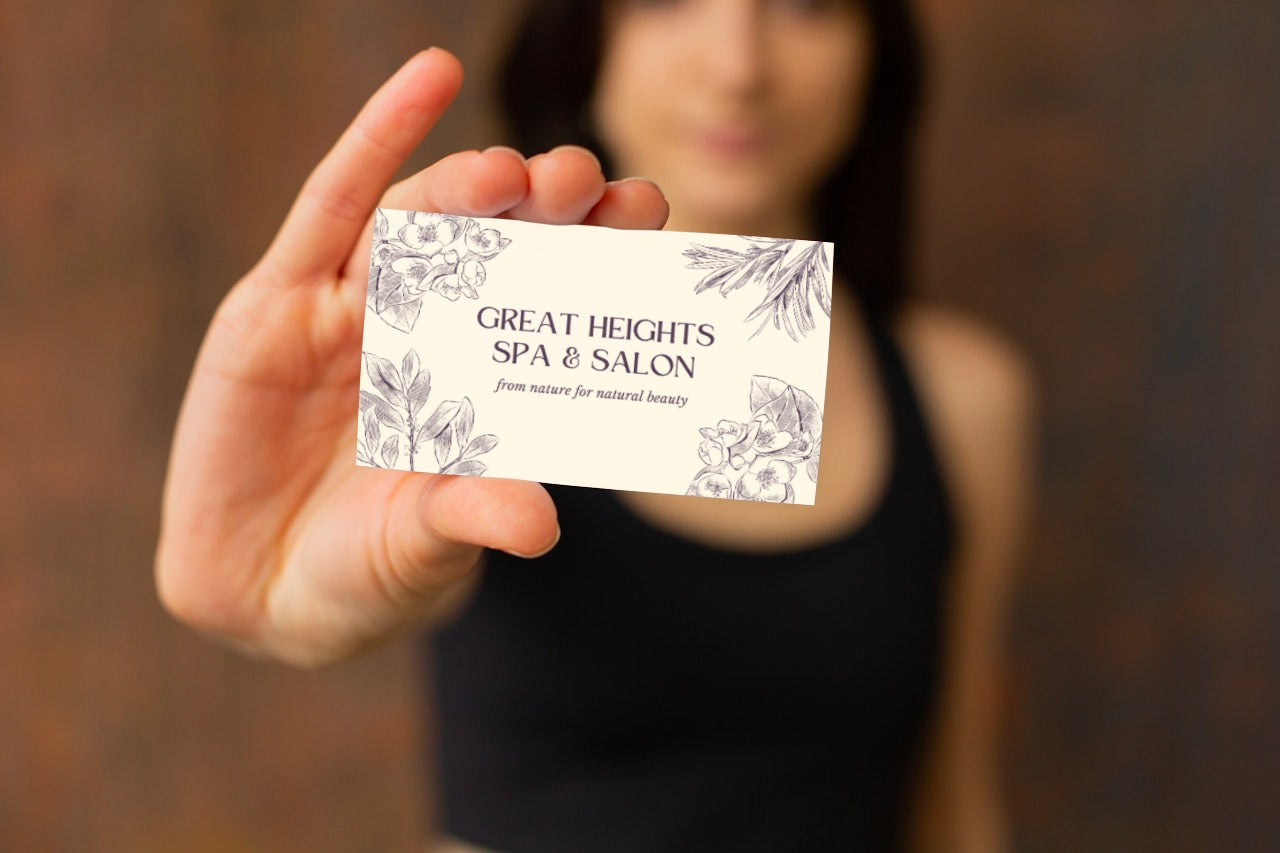 Beauty Spa Business Card Beige Dark Brown Feminine Illustrated Flowers