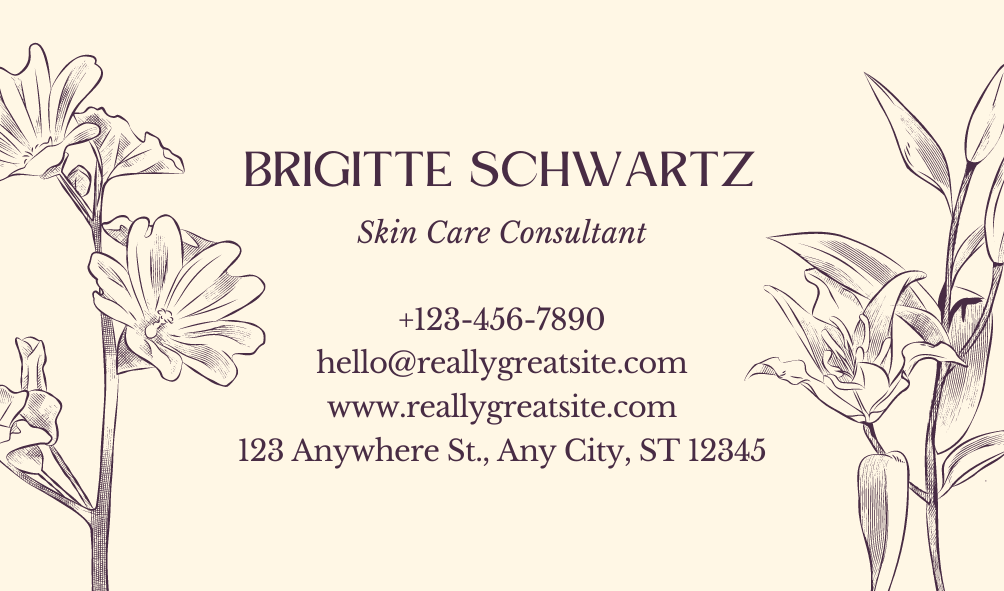 Beauty Spa Business Card Beige Dark Brown Feminine Illustrated Flowers
