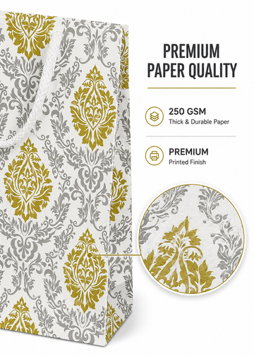 Premium Printed Paper Gift Bag with Rope Handle | 9 x 8 x 3 Inch Luxury Shopping Bag | Reusable Wedding Return Gift Bag | Boutique, Jewellery, Clothing & Gift Packaging Bag