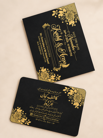 Elegant Black & Gold Nikah Wedding Invitation Card | Luxury Floral Save the Date Design