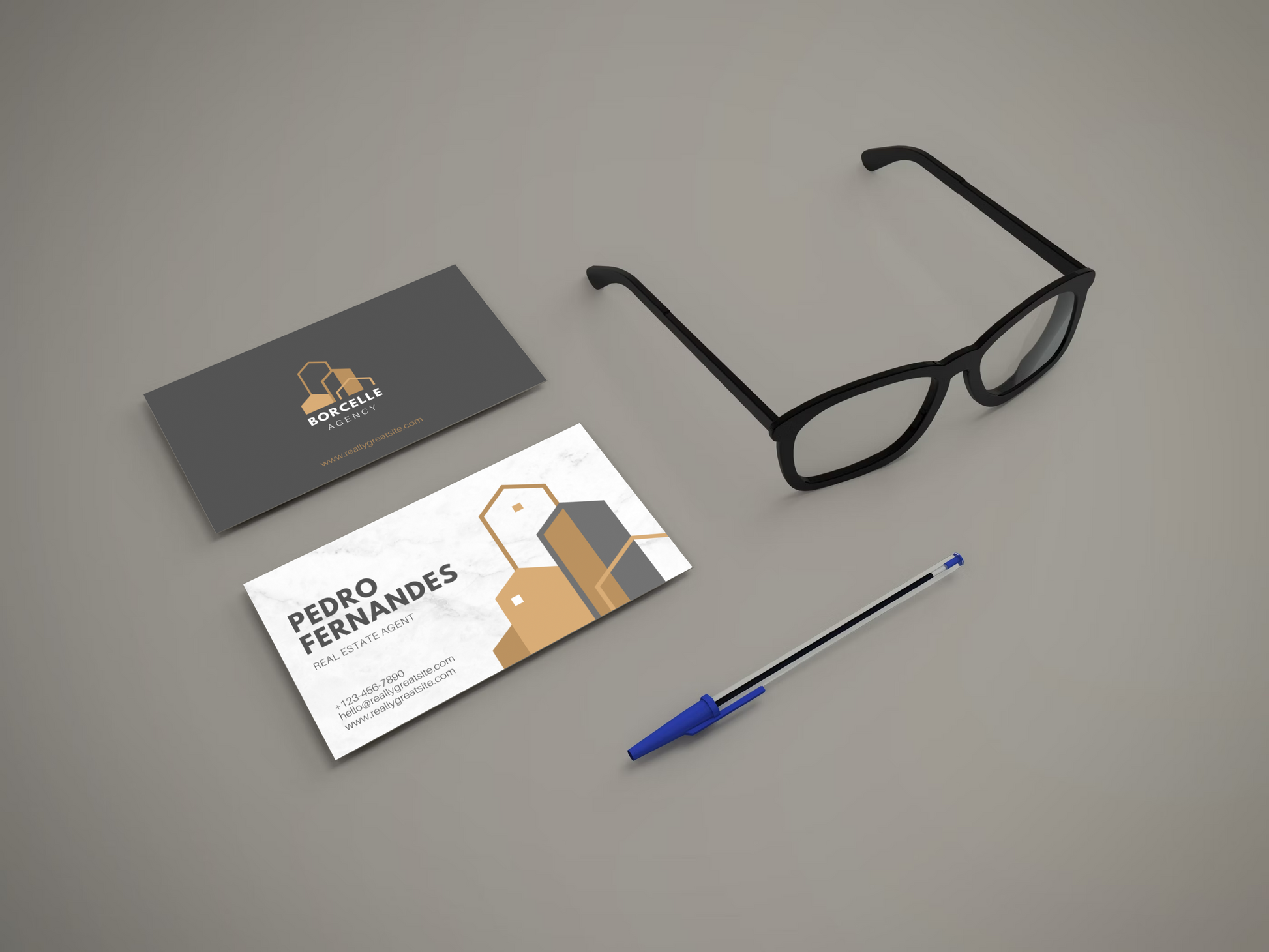 Gold and Brown Modern Geometric Real Estate Business Card 
